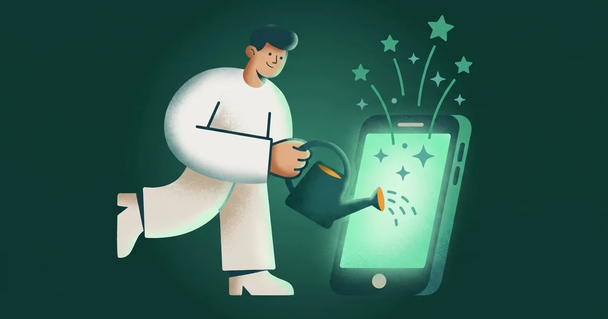 Illustration of a person watering a glowing smartphone while stars and sparkles rise out of the screen