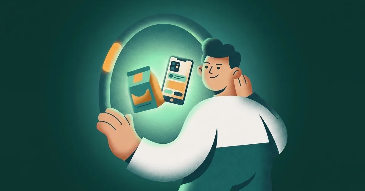 Illustration of a creator holding a product box next to a phone showing a product page, lit by a glowing ring light