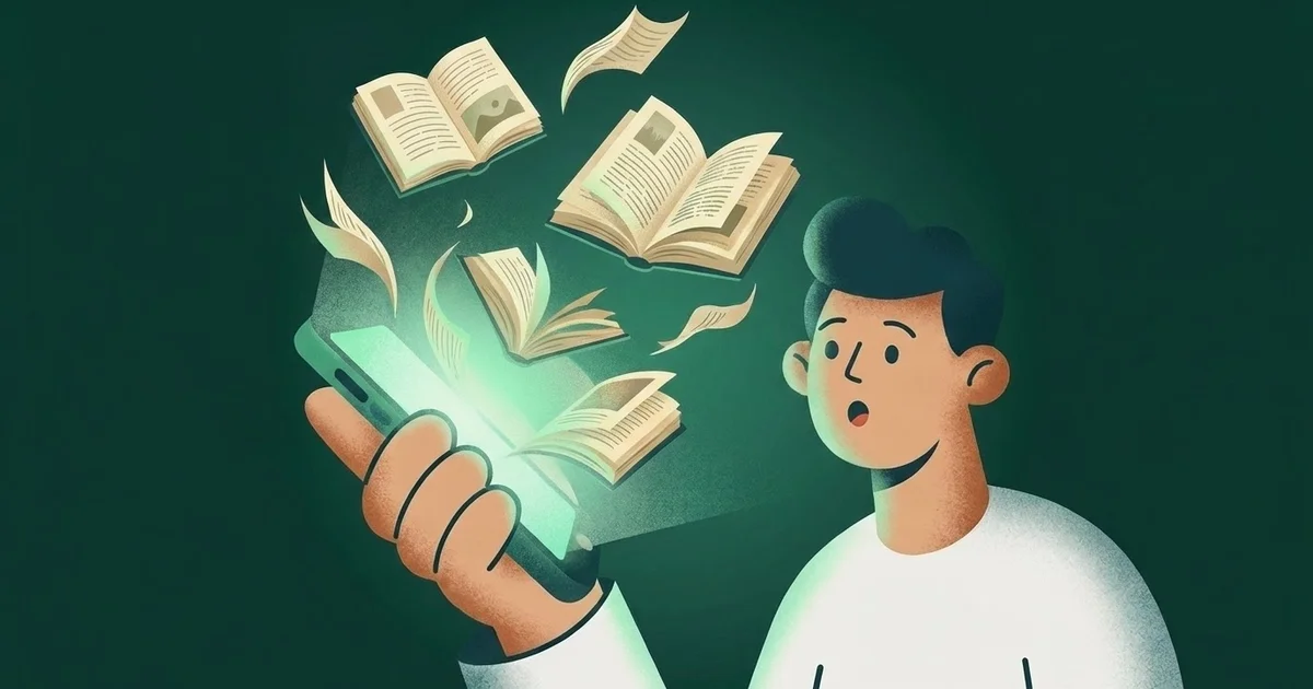 Illustration of an amazed person holding a glowing smartphone as open books and loose pages fly out of the screen